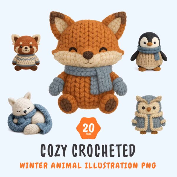 Cozy Crocheted Winter Animal Illustration PNG Bundle for Merchandise