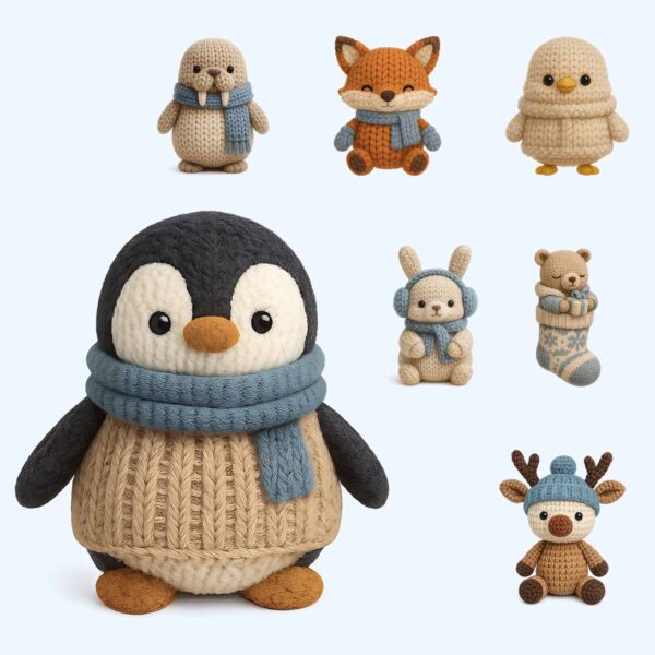 Cozy Crocheted Winter Animal Illustration PNG Bundle for Merchandise