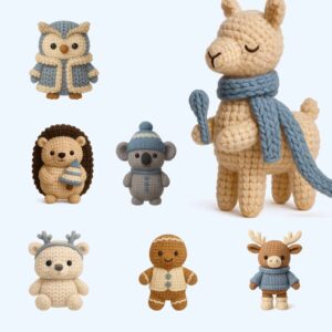 Cozy Crocheted Winter Animal Illustration PNG Bundle for Merchandise