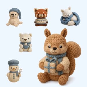 Cozy Crocheted Winter Animal Illustration PNG Bundle for Merchandise